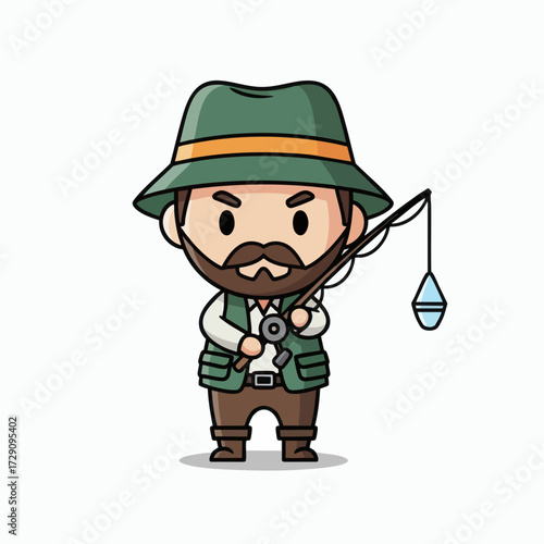 Cute Cartoon Fisherman with Fishing Rod and Green Hat.