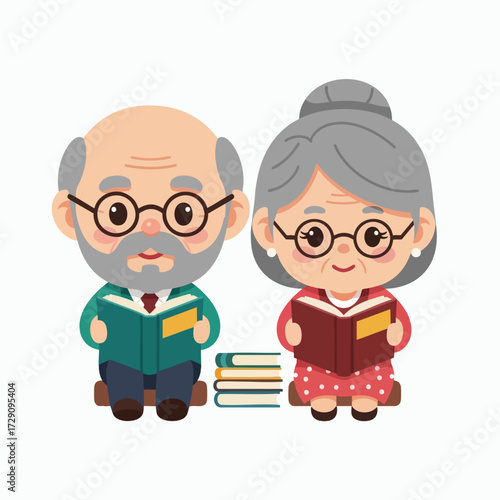 Cute Cartoon Grandparents Reading Books Together.