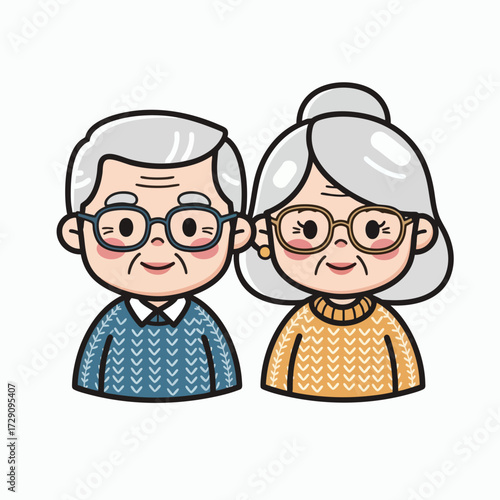 Cute cartoon illustration of an elderly couple a man and a woman smiling happily together.