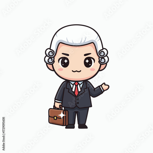 Cute Cartoon Lawyer with Wig and Briefcase.
