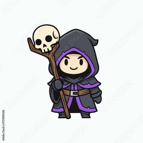 Cute Cartoon Necromancer Wizard with Skull Staff.
