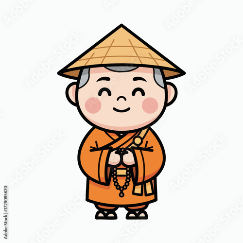 Cute Cartoon Monk with Prayer Beads and Conical Hat.