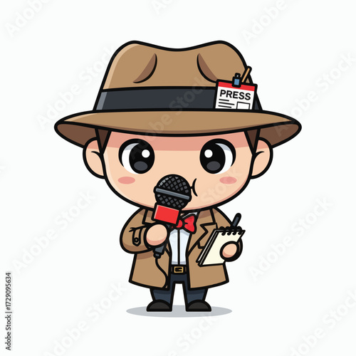 Cute Cartoon Reporter with Microphone and Notepad.