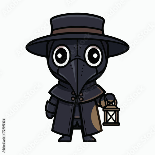 Cute cartoon plague doctor character holding a lantern.