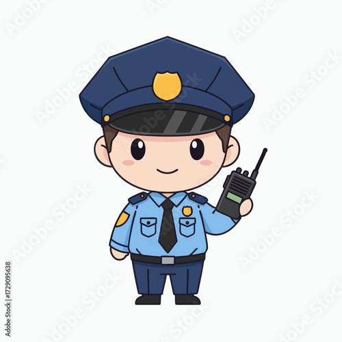 Cute Cartoon Police Officer Holding WalkieTalkie.