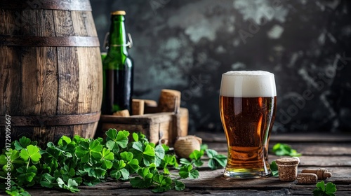 A glass of beer with a wooden barrel and green bottle on a rustic wooden table with green clover leaves and a cork.