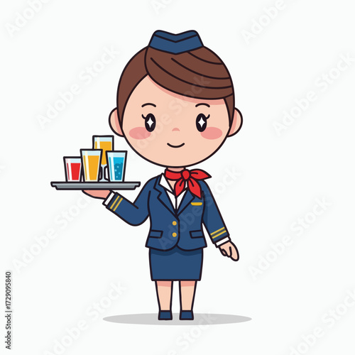 Cute Cartoon Stewardess Serving Drinks on a Tray.