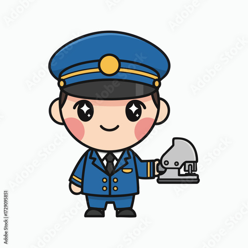Cute Cartoon Train Conductor Holding a Ticket Puncher.