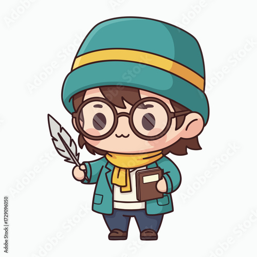 Cute Chibi Character with Glasses Hat Quill and Book.