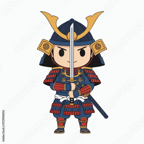Cute Chibi Samurai Warrior with Katana Sword.