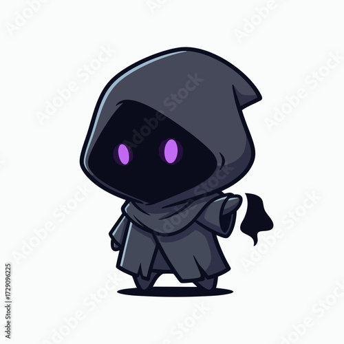 Cute Dark Wizard Character with Glowing Purple Eyes.