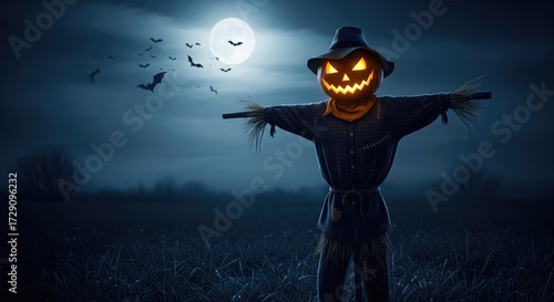 Mysterious scarecrow with a glowing pumpkin head under a full moon in a dark field.