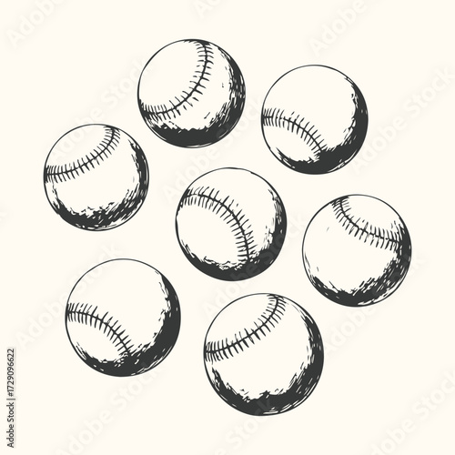 Vector art of a vintage sketch illustration of a cluster of baseballs, rendered in black and white with a textured, handdrawn aesthetic, isolated on a creamcolored background