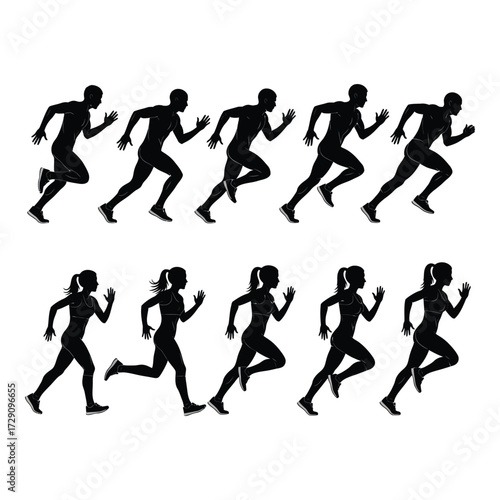 Dynamic silhouettes of men and women running in stride motion sequence silhouette