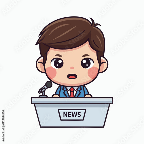 Cute little boy news anchor cartoon character.