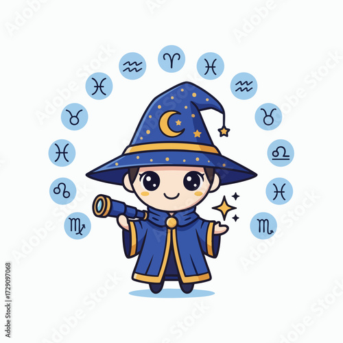 Cute Little Wizard with Telescope and Zodiac Signs.