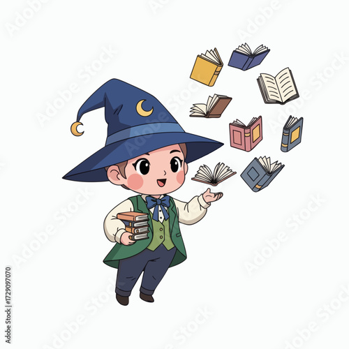 Cute Little Wizard with Floating Books.