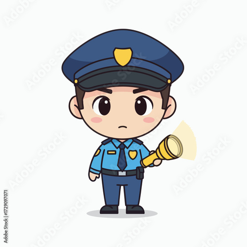 Cute Police Officer Character Holding a Flashlight.