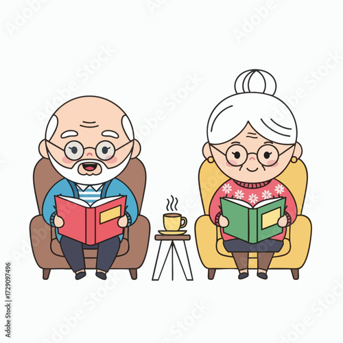 Elderly Couple Reading Books in Armchairs with Coffee.