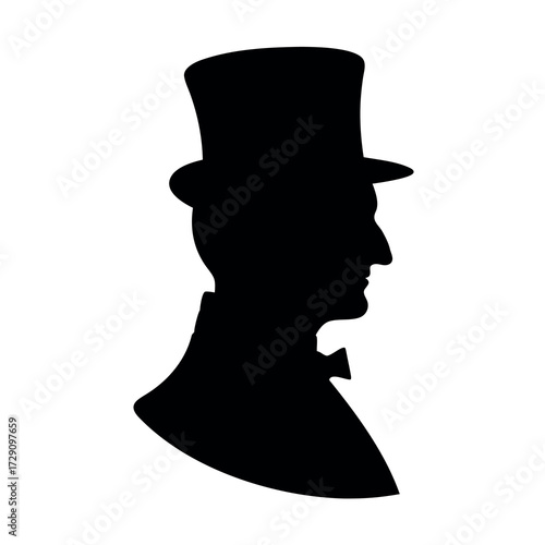 Classic silhouette profile of a gentleman wearing a top hat and bow tie