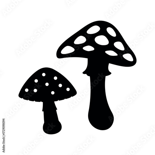 Two silhouetted amanita muscaria mushrooms with white spots on a white background