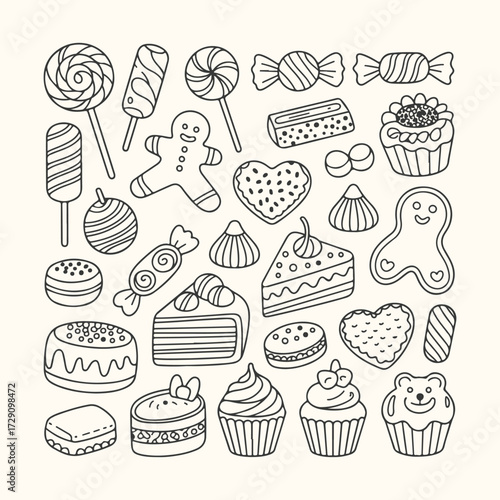 Vector art of a delightful collection of handdrawn confectionery, including lollipops, gingerbread cookies, cupcakes, cakes, and candies, all isolated on a for versatile design use