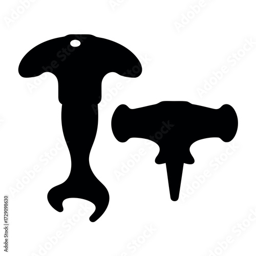 Two distinct silhouettes of specialized tools one with a wrench end and the other a t handle