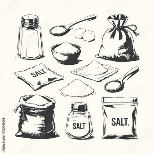Vector art of collection of salt containers and bags, including shakers, sachets, and sacks