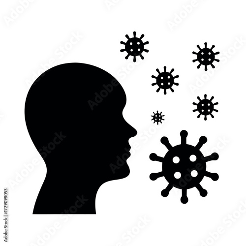 Silhouette of a person s head with airborne virus particles surrounding it