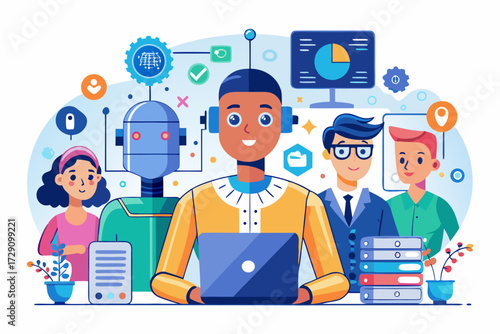 
Modern digital workspace showing artificial intelligence technology with holographic data analytics and virtual dashboards. A professional working on a laptop surrounded by futuristic AI visualizatio