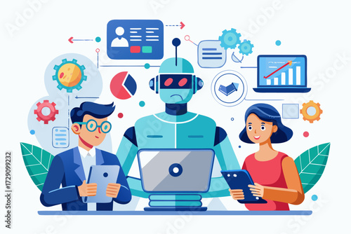 
Modern digital workspace showing artificial intelligence technology with holographic data analytics and virtual dashboards. A professional working on a laptop surrounded by futuristic AI visualizatio