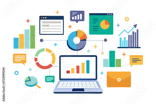 
Modern digital workspace showing artificial intelligence technology with holographic data analytics and virtual dashboards. A professional working on a laptop surrounded by futuristic AI visualizatio