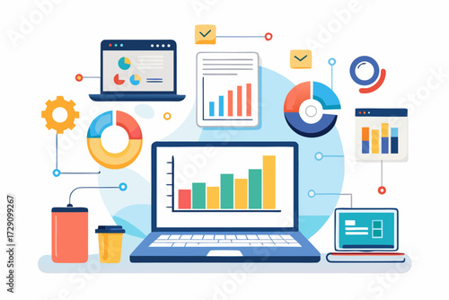 
Modern digital workspace showing artificial intelligence technology with holographic data analytics and virtual dashboards. A professional working on a laptop surrounded by futuristic AI visualizatio