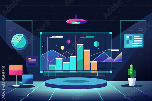 
Modern digital workspace showing artificial intelligence technology with holographic data analytics and virtual dashboards. A professional working on a laptop surrounded by futuristic AI visualizatio