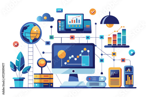 
Modern digital workspace showing artificial intelligence technology with holographic data analytics and virtual dashboards. A professional working on a laptop surrounded by futuristic AI visualizatio