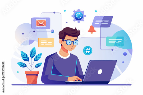 
Modern digital workspace showing artificial intelligence technology with holographic data analytics and virtual dashboards. A professional working on a laptop surrounded by futuristic AI visualizatio