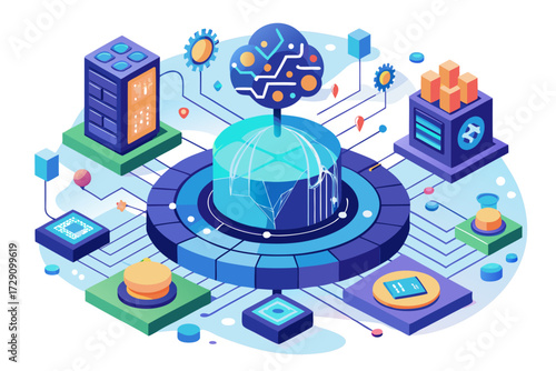 
Modern digital workspace showing artificial intelligence technology with holographic data analytics and virtual dashboards. A professional working on a laptop surrounded by futuristic AI visualizatio