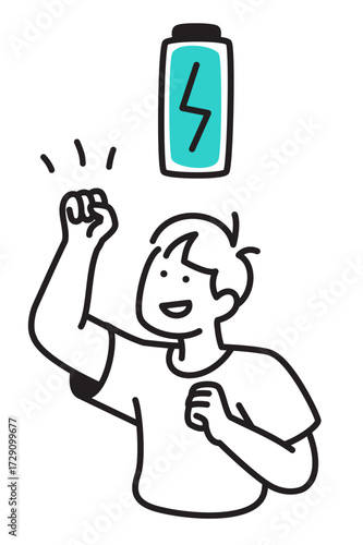 Smiling person with arm raised and battery icon, Feeling energized or enthusiastic