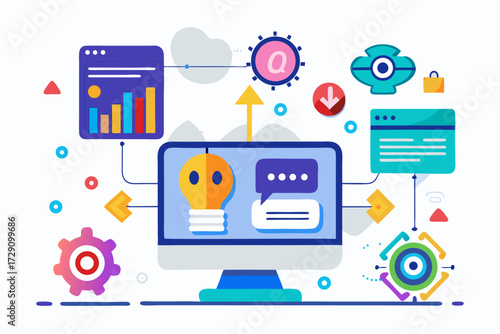
Modern digital workspace showing artificial intelligence technology with holographic data analytics and virtual dashboards. A professional working on a laptop surrounded by futuristic AI visualizatio