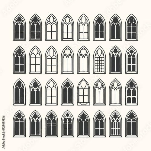 Vector art of a collection of gothic arched window designs, featuring intricate tracery and various pane configurations, presented as a graphic illustration on a plain background