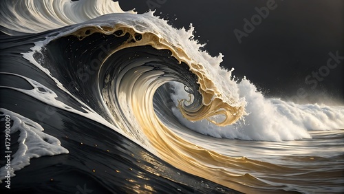 Majestic ocean wave with golden hues and dark undertow