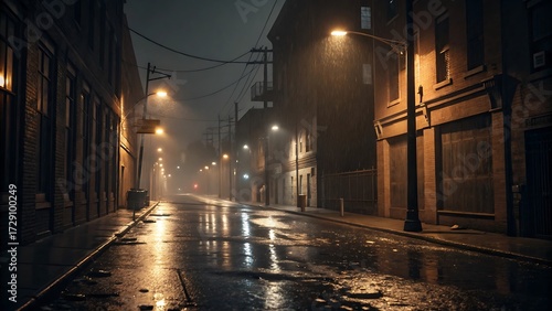 Rainy night on a deserted city street