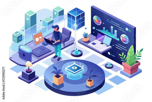 
Modern digital workspace showing artificial intelligence technology with holographic data analytics and virtual dashboards. A professional working on a laptop surrounded by futuristic AI visualizatio