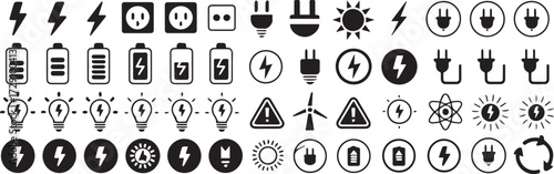 energy conservation icon set black and white electricity symbols plug battery charging bolt eco renewable powerv