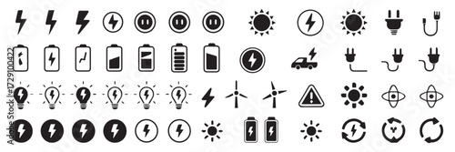 clean energy power icon black and white symbols battery solar wind turbine plug outlet electricity atom recycle