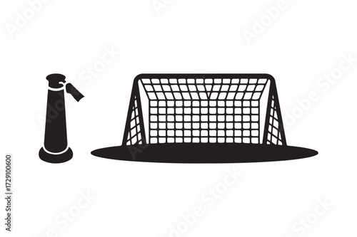 Silhouette of a soccer goal and a referee whistle