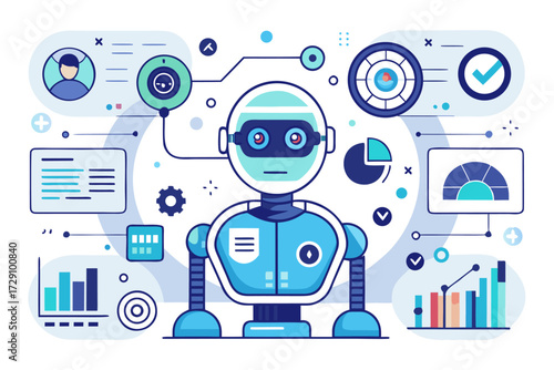 
Modern digital workspace showing artificial intelligence technology with holographic data analytics and virtual dashboards. A professional working on a laptop surrounded by futuristic AI visualizatio