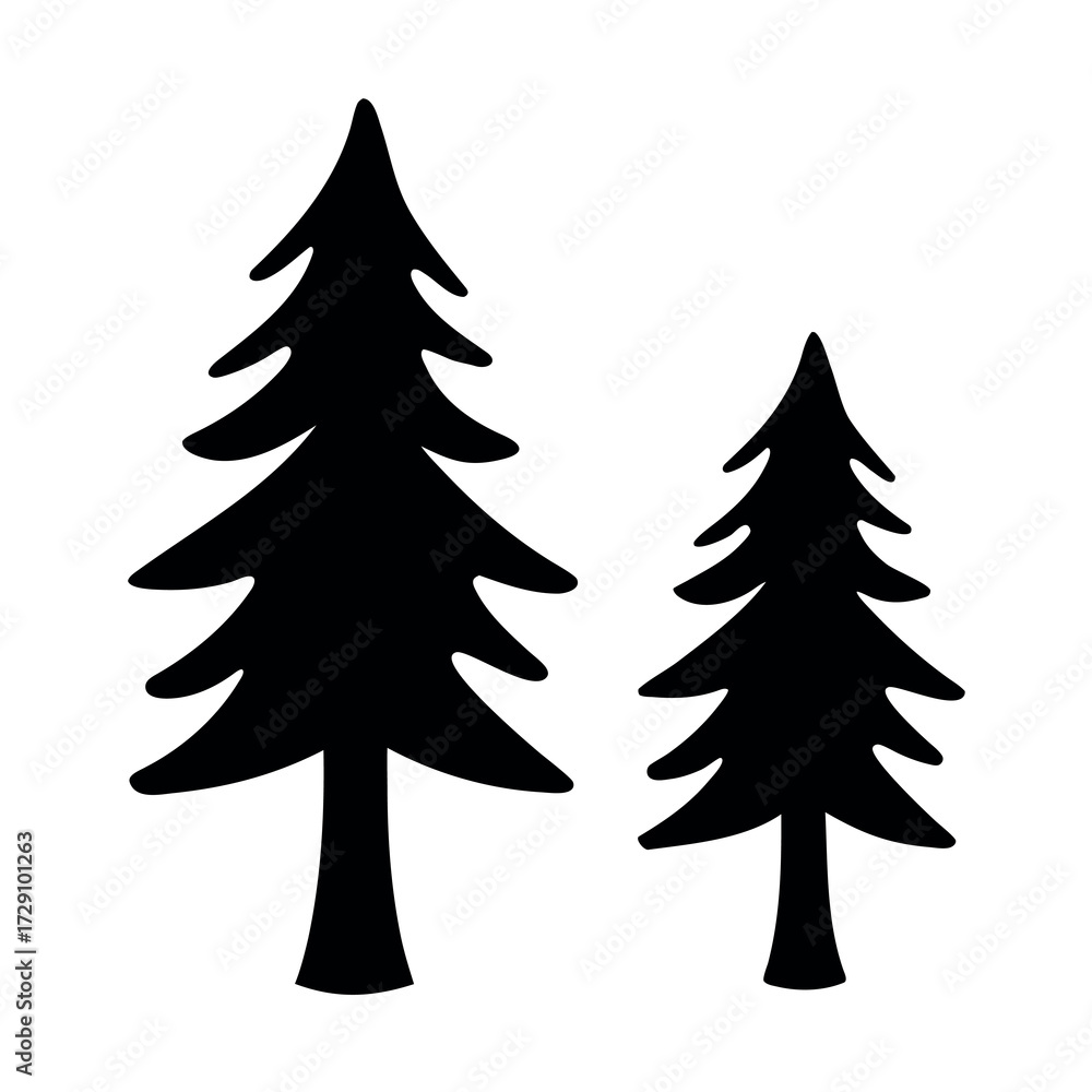 Obraz premium Two black silhouette pine trees of different sizes on a white background