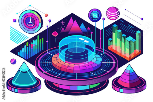 
Modern digital workspace showing artificial intelligence technology with holographic data analytics and virtual dashboards. A professional working on a laptop surrounded by futuristic AI visualizatio