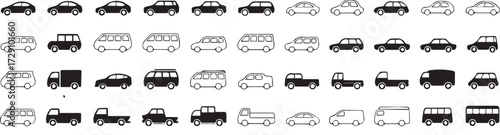 minimal transport icon set vector pack with sedan suv van bus truck limo taxi for ui ux design
